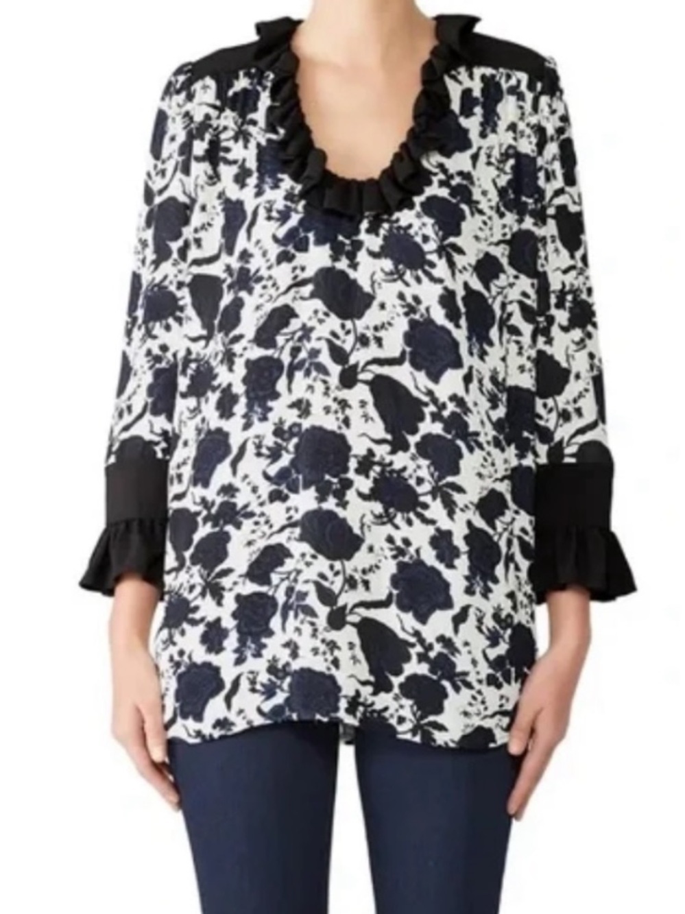 Tory Burch Rebecca Silk/Viscose Black/White/Blue Floral Ruffle V-neck Blouse XS